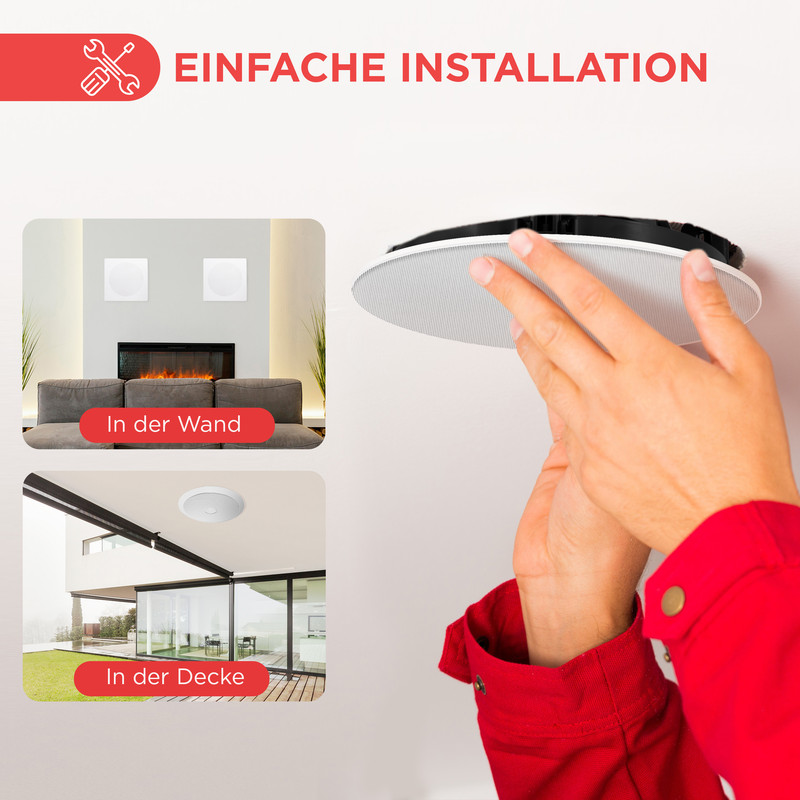 Hände installieren eine weiße Deckenlautsprecherabdeckung in eine Decke.