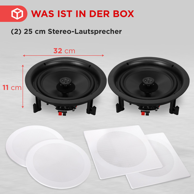 Zwei 25 cm Stereo-Lautsprecher mit weißen Abdeckungen und Montagehalterungen.