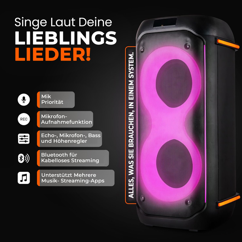 Schwarzer Lautsprecher mit pinker Beleuchtung und deutschen Textfunktionen.