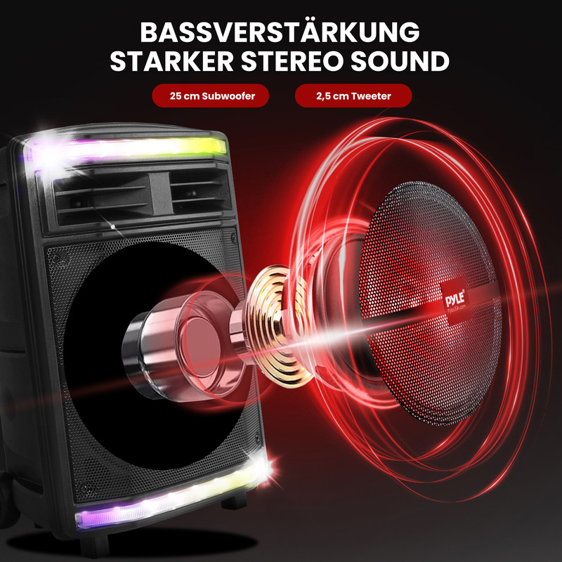 Schwarzer Lautsprecher mit 25 cm Subwoofer und 2,5 cm Tweeter, beleuchtet.
