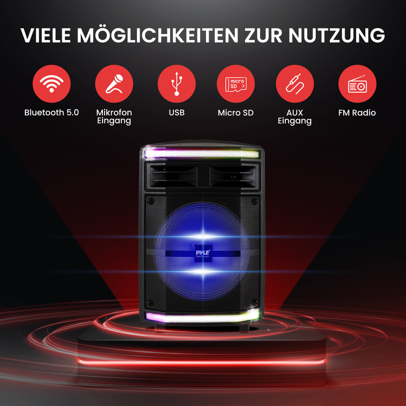 Lautsprecher mit blauen und weißen Lichtern, Anzeige von Funktionen wie Bluetooth.