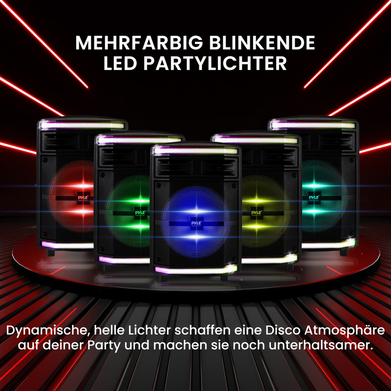 Fünf schwarze Lautsprecher mit bunten LED-Lichtern in Rot, Grün, Blau und Gelb.