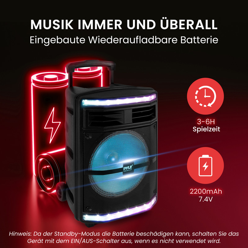 Schwarzer Lautsprecher mit LED-Beleuchtung, zwei Batterien, Spielzeit und Kapazität.