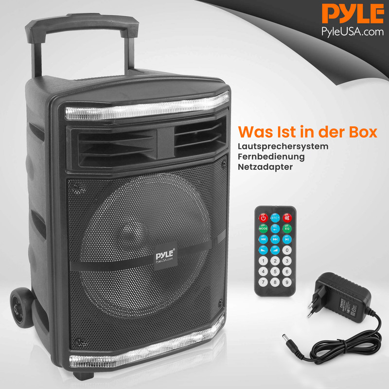 Schwarzer tragbarer Lautsprecher mit Fernbedienung und Netzadapter.