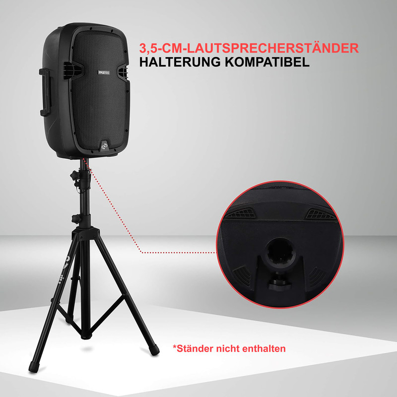 Schwarzer Lautsprecher auf einem schwarzen Stativ, mit Detailansicht.
