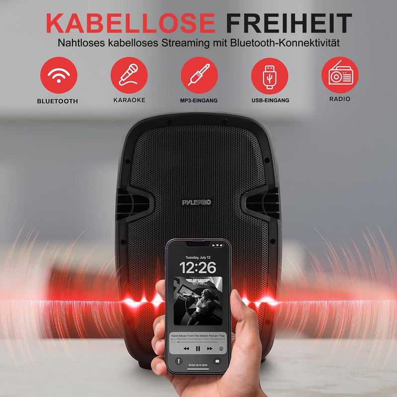Schwarzer Lautsprecher mit Smartphone, das Musik abspielt, und roten Wellen.