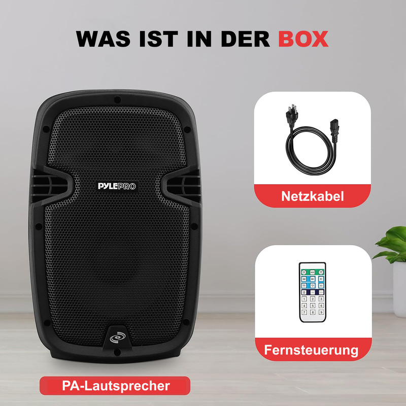 PA-Lautsprecher mit Netzkabel und Fernbedienung in einer Box.