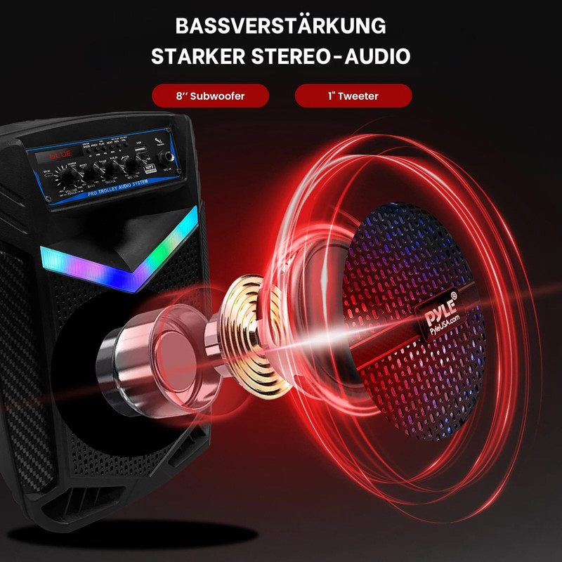 Schwarzer Lautsprecher mit Lichtern, 8-Zoll-Subwoofer und 1-Zoll-Tweeter.