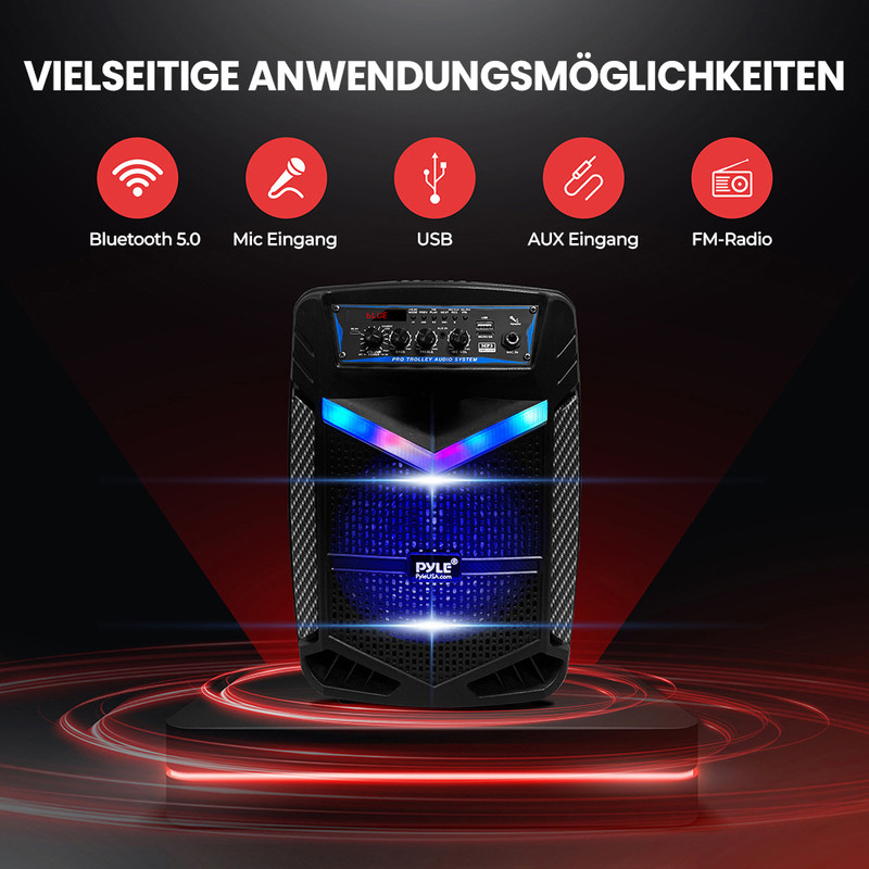 Schwarzer Lautsprecher mit blauen Lichtern, Symbolen für Bluetooth, Mikrofon, USB, AUX und Radio.