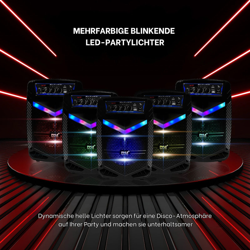 Fünf schwarze Lautsprecher mit bunten LED-Lichtern auf einer runden Bühne.