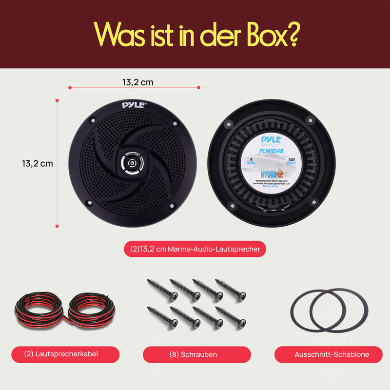 Zwei 13,2 cm Marine-Lautsprecher, Kabel, Schrauben und Schablone.