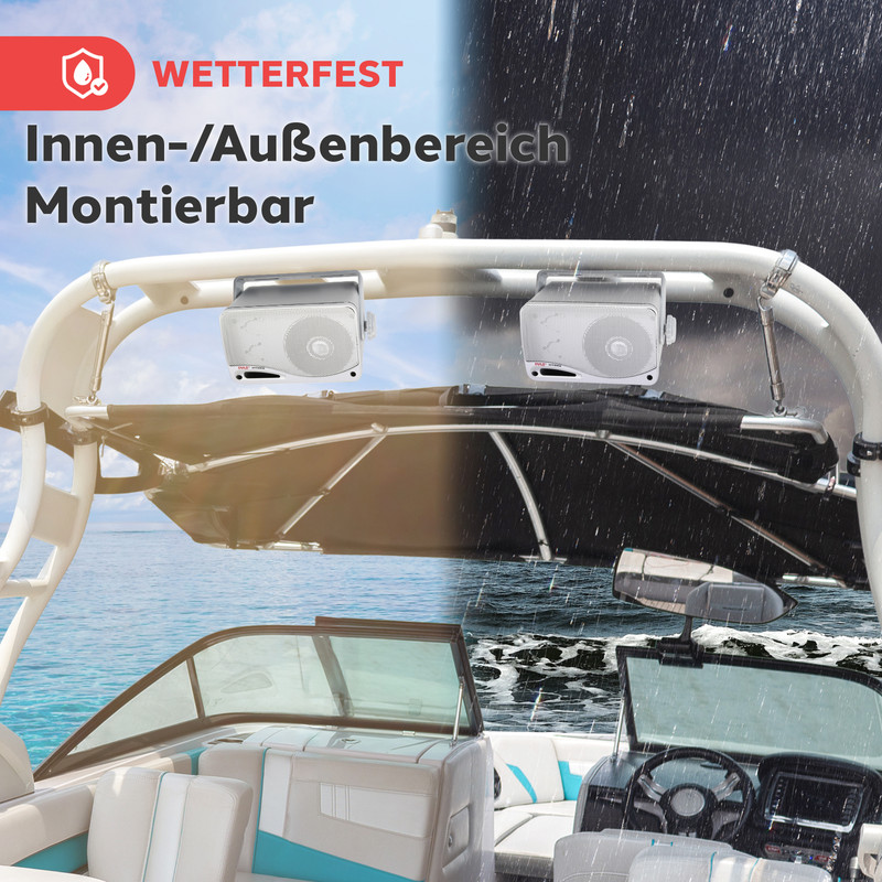 Wetterfeste Lautsprecher an einem Boot, montierbar für Innen-/Außenbereich.