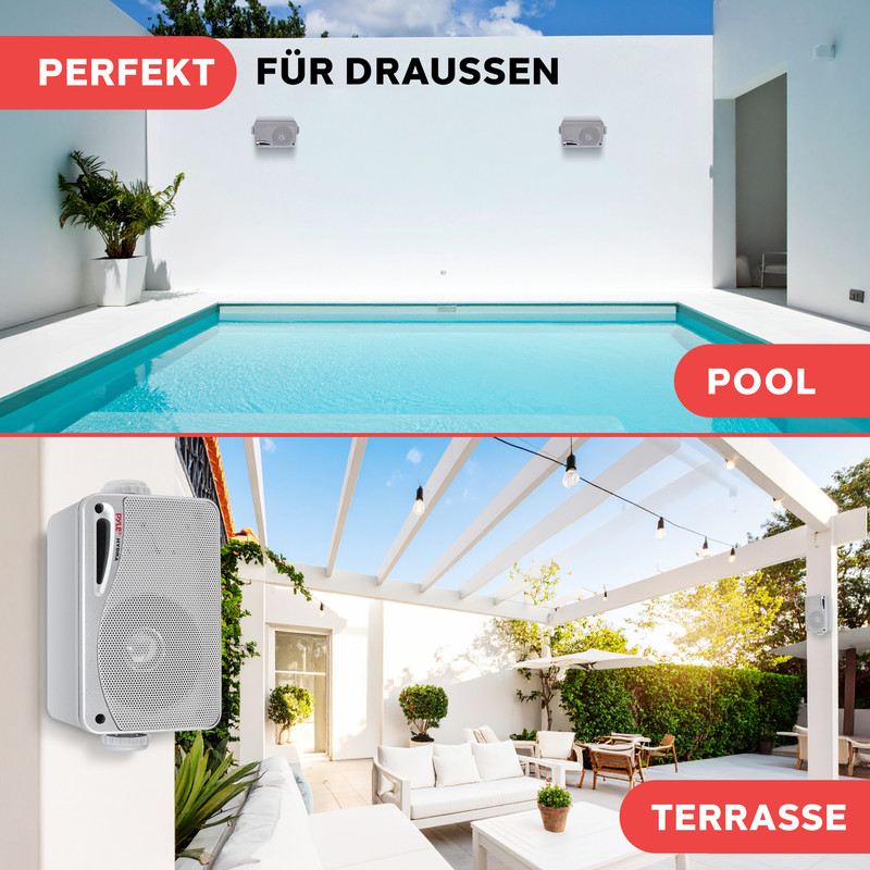 Zwei weiße Outdoor-Lautsprecher an einer Wand über einem Pool und auf einer Terrasse.