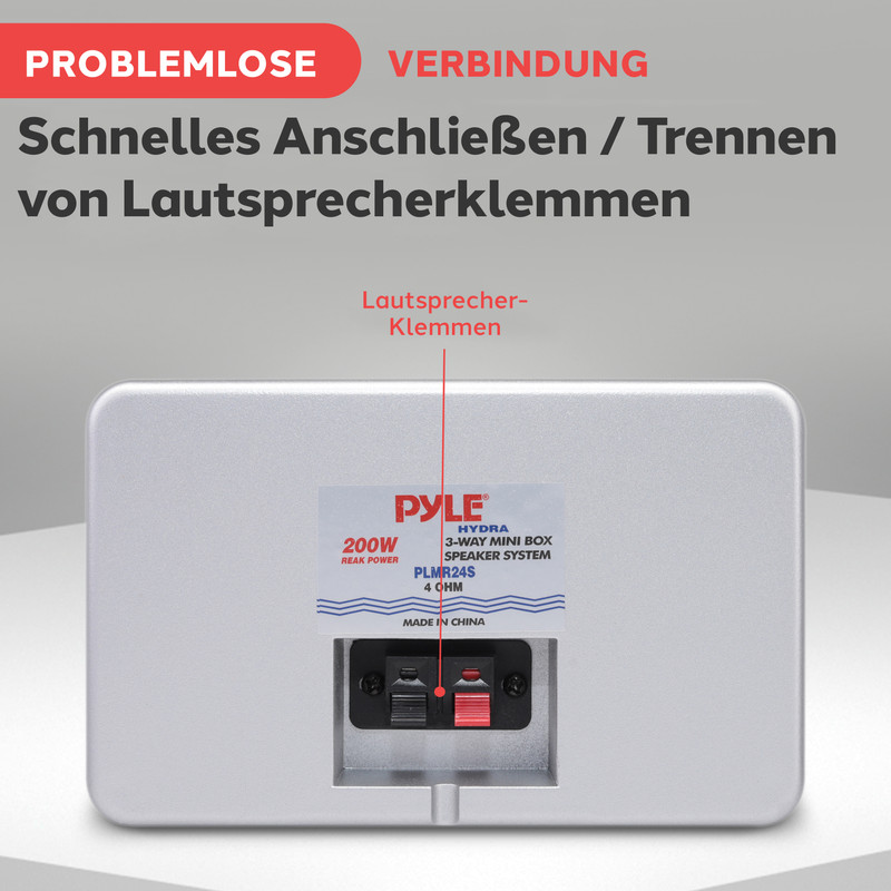 Rückseite eines silbernen Lautsprechers mit Anschlussklemmen und Pyle-Logo.