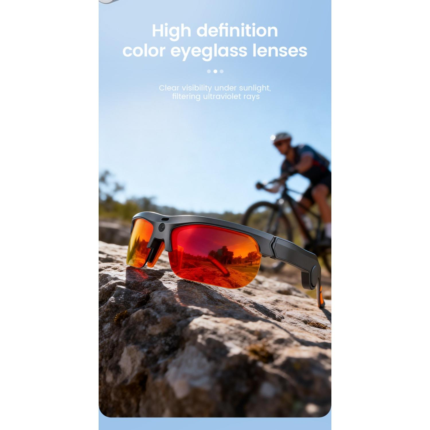 Sonnenbrille mit roten Gläsern auf Felsen, Radfahrer im Hintergrund.