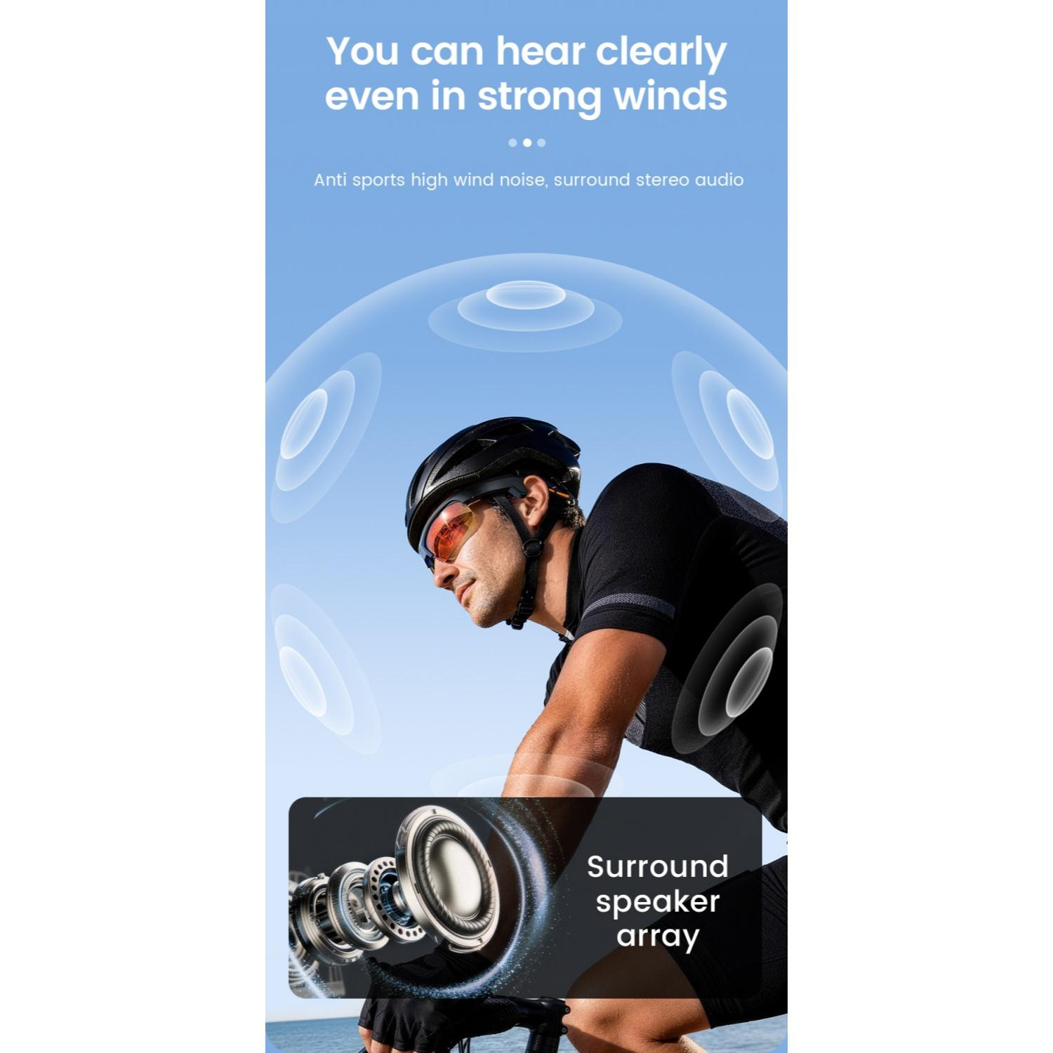 Ein Radfahrer trägt Helm und Brille, mit Soundwellen und Lautsprecher-Detail.
