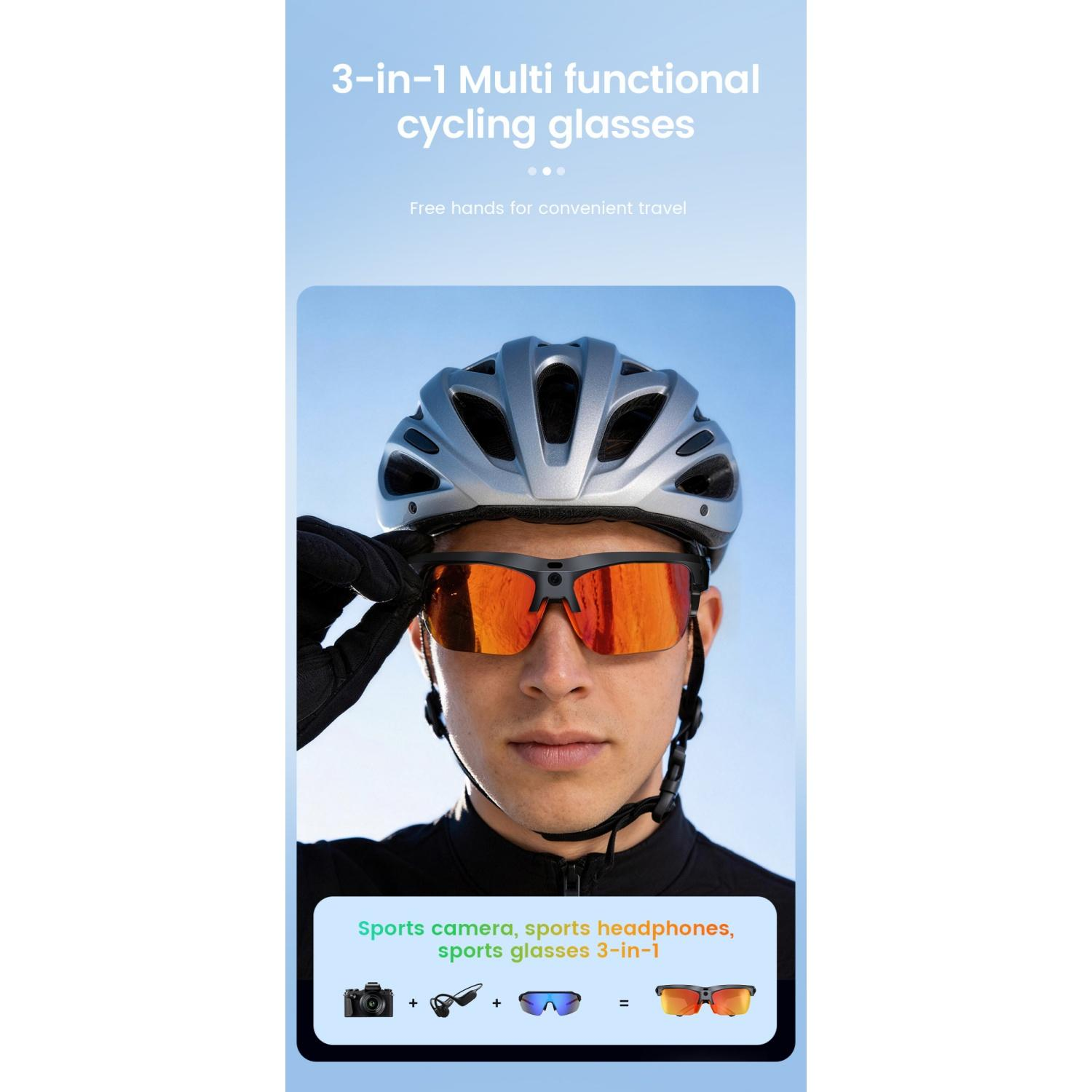 Ein Mann mit Helm und Radsportbrille, die eine Kamera und Kopfhörer zeigt.
