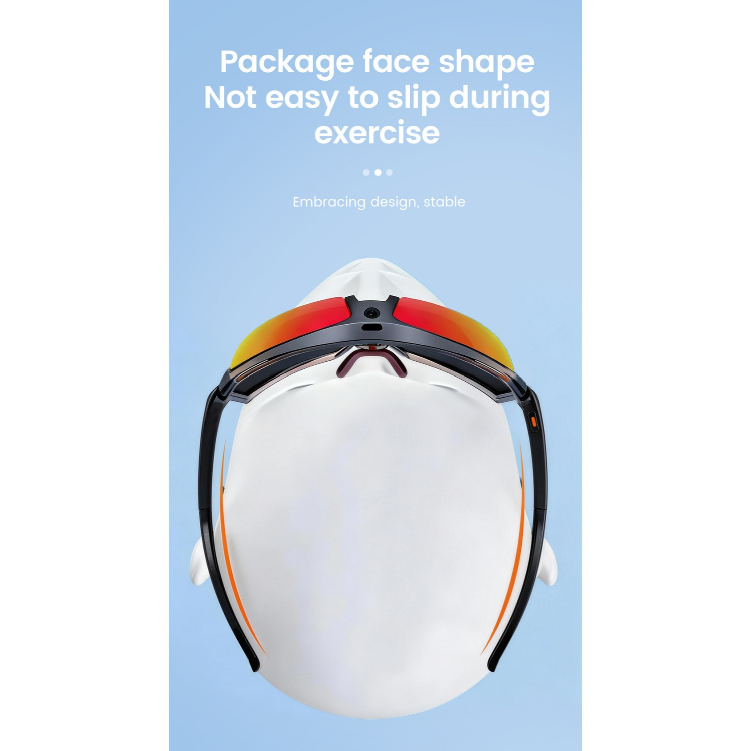 Sportbrille mit rotem und gelbem Glas auf weißem Kopf auf blauem Hintergrund.
