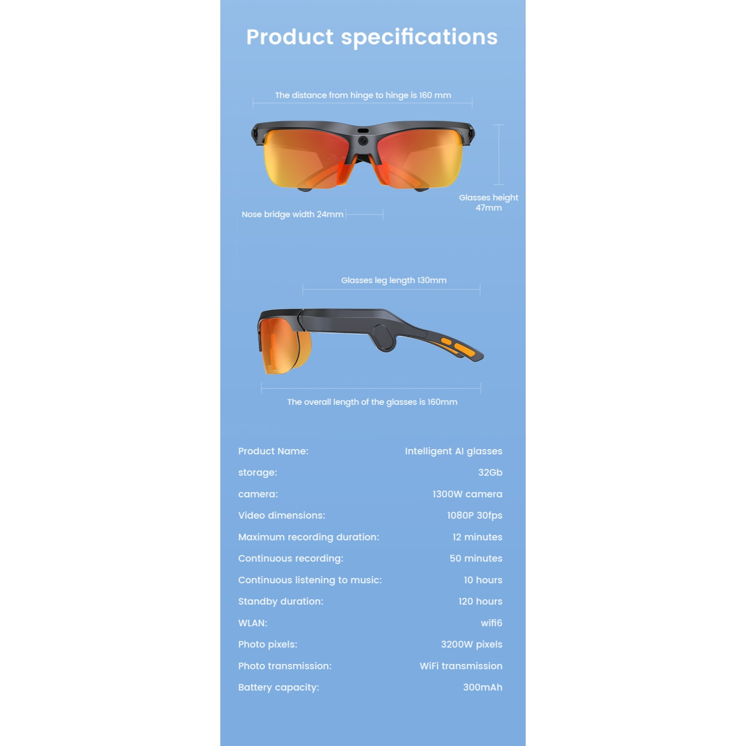 Intelligente AI-Brille mit orangefarbenen Gläsern, Spezifikationen: 32 GB Speicher, 1300 W Kamera.