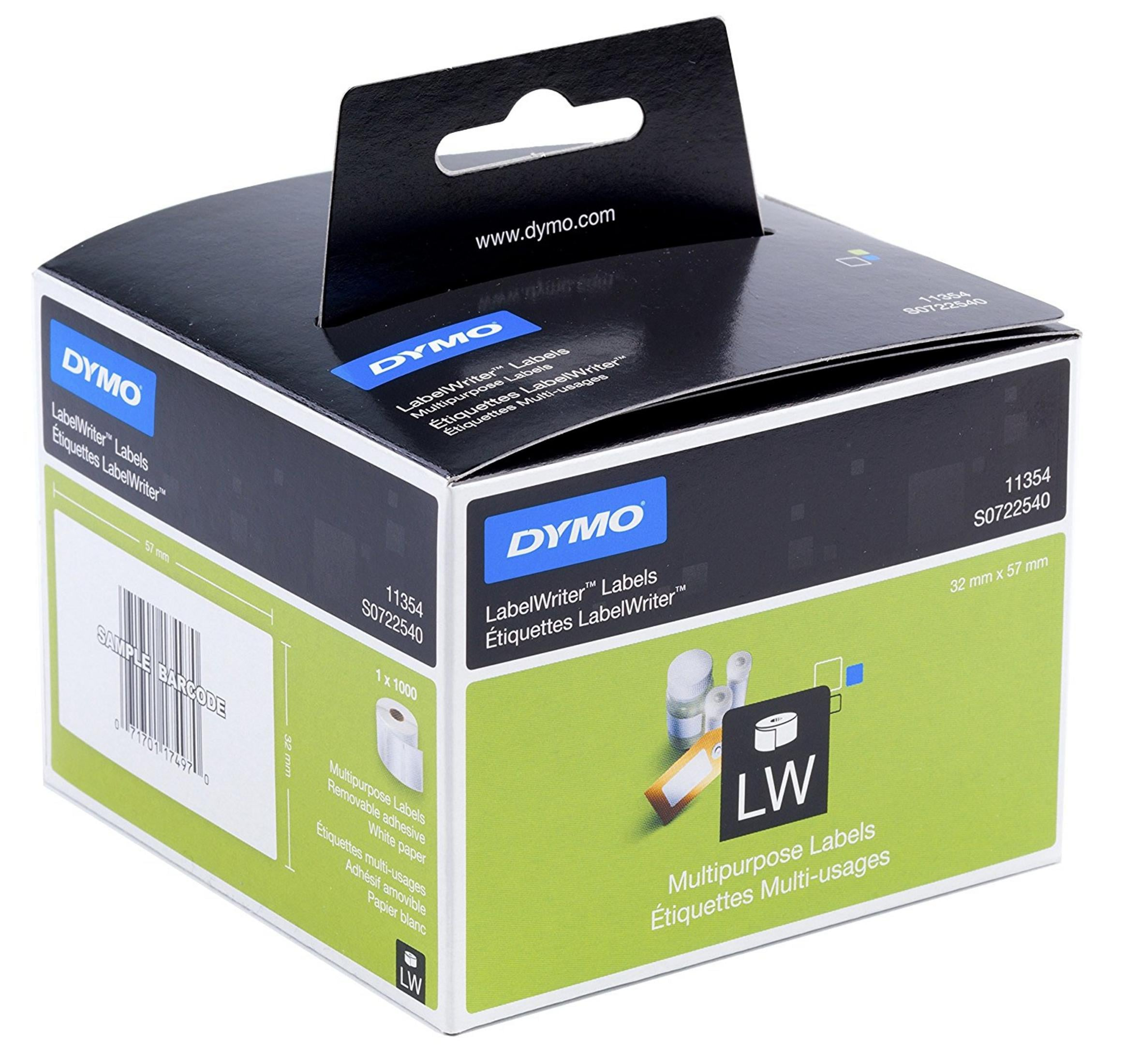 Verpackung mit DYMO LabelWriter Etiketten, 32x57mm, weiß und grün, mit Barcode.