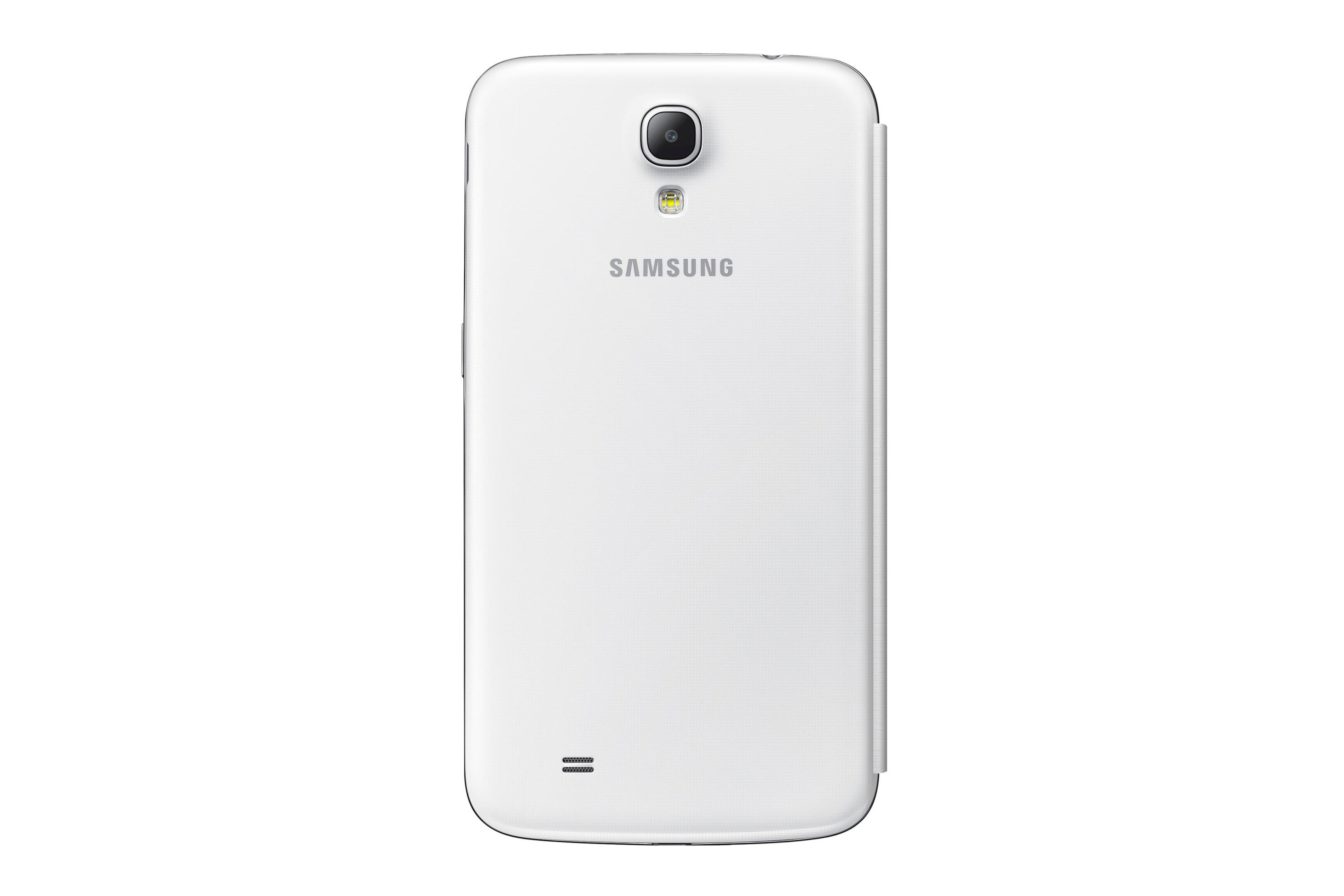 Rückseite eines weißen Samsung Smartphones mit Kamera und Blitz.