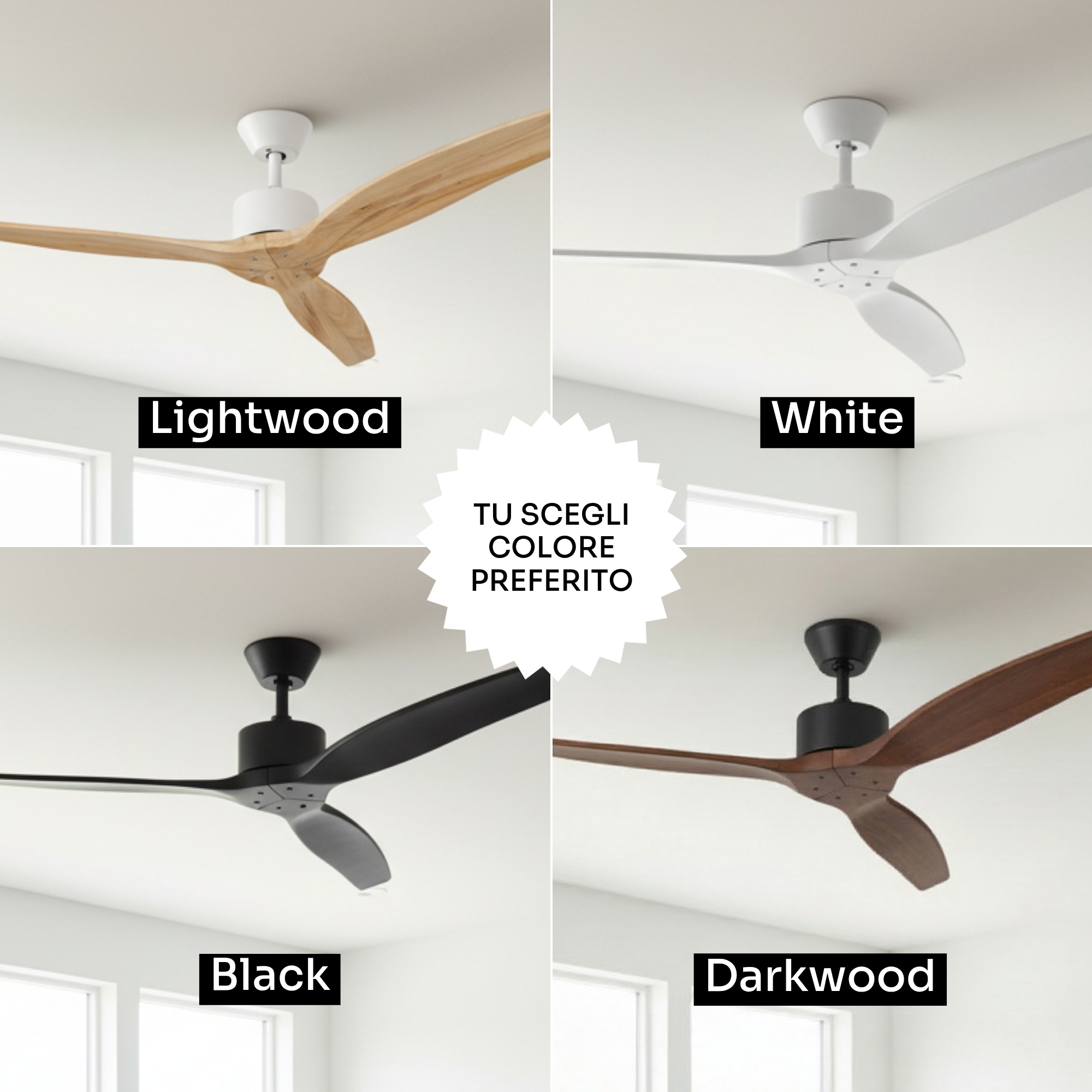 Quattro ventilatori da soffitto in finiture legno chiaro, bianco, nero e scuro.