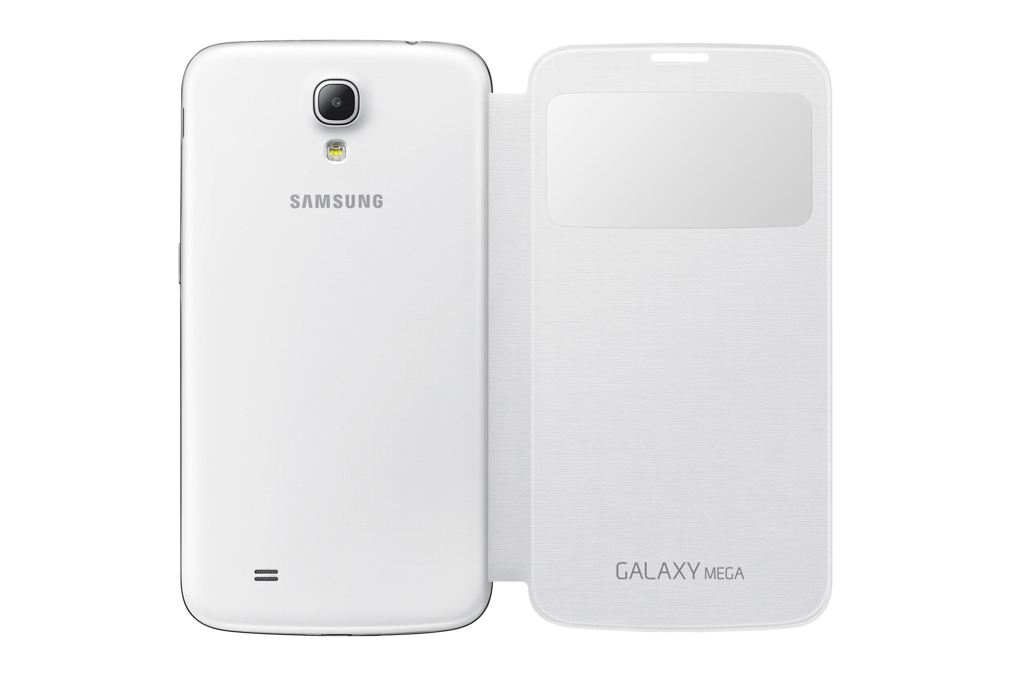 Ein weißes Samsung Galaxy Mega Smartphone mit einer offenen Hülle.