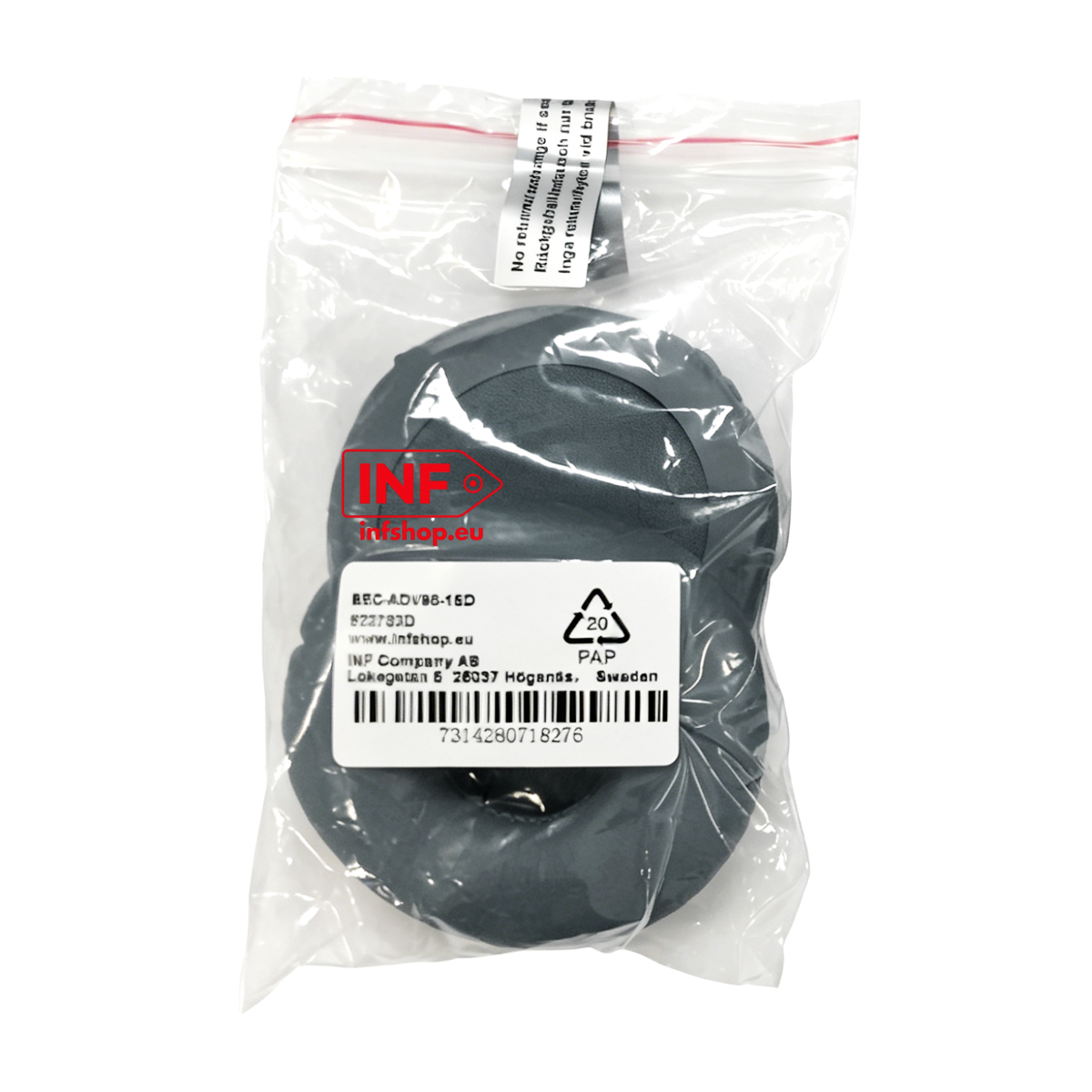 Due cuscinetti neri per cuffie in un sacchetto di plastica con etichetta.