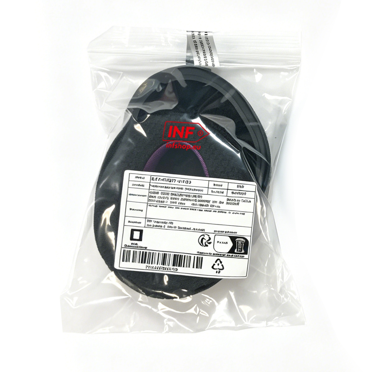 Black insoles with purple stitching in a clear bag with a label.