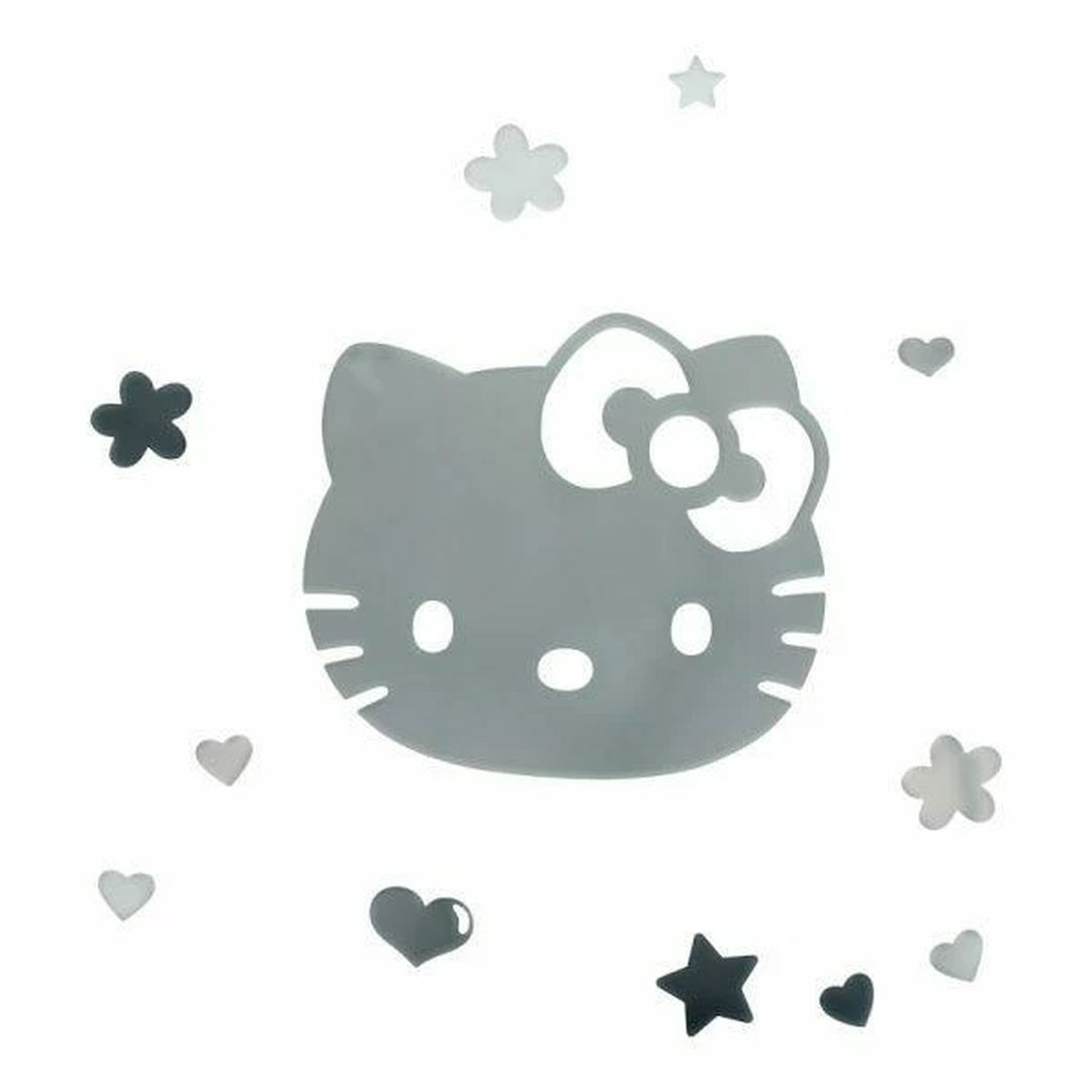 Cabeza gris de Hello Kitty con lazo, estrellas, flores y corazones.