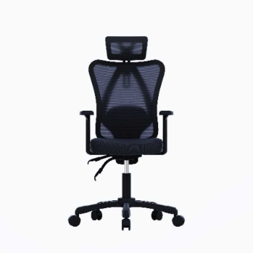 Una silla de oficina negra con respaldo de malla y reposacabezas.