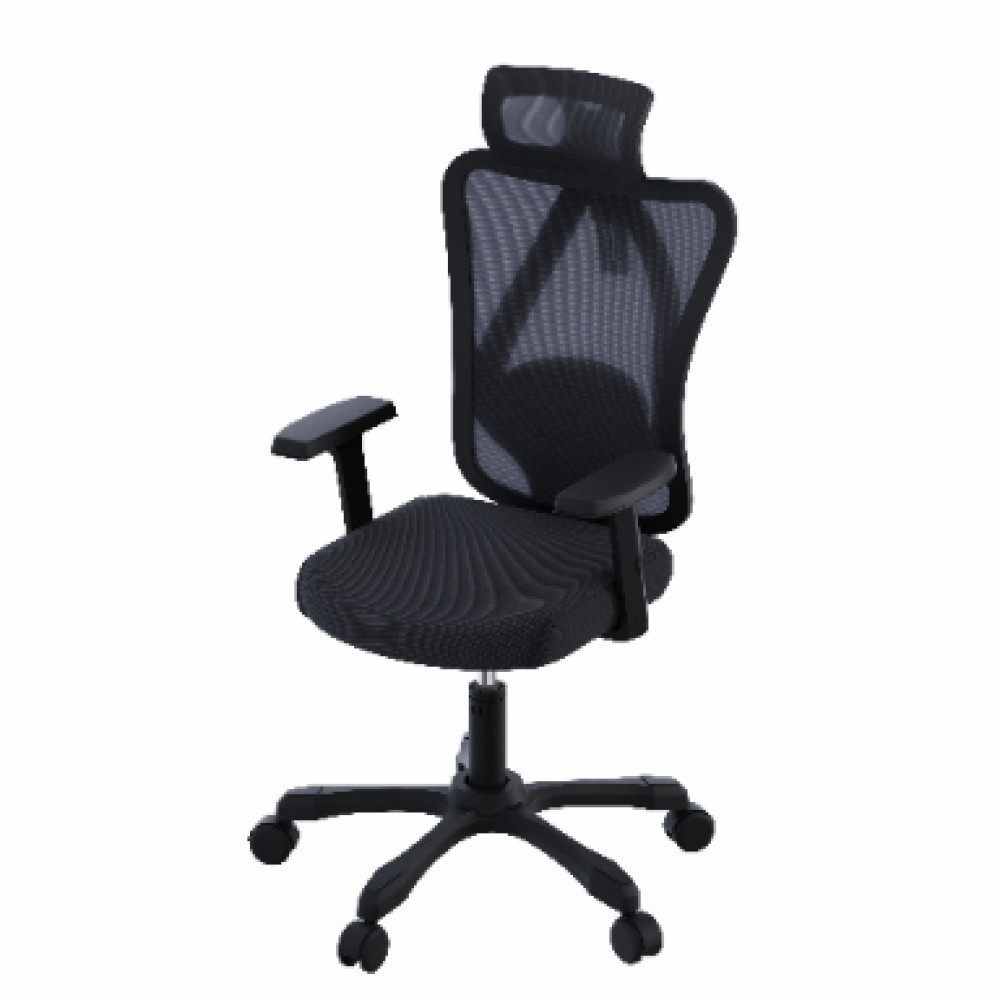 Silla de oficina negra con respaldo de malla, brazos ajustables y ruedas.