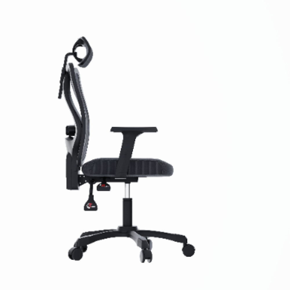 Silla de oficina ergonómica negra con respaldo de malla y reposacabezas.