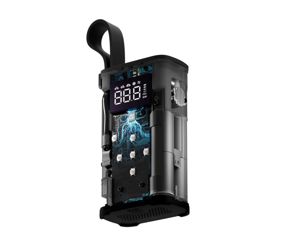 Ein transparenter digitaler Reifenfüller mit Display und sichtbarer Platine.
