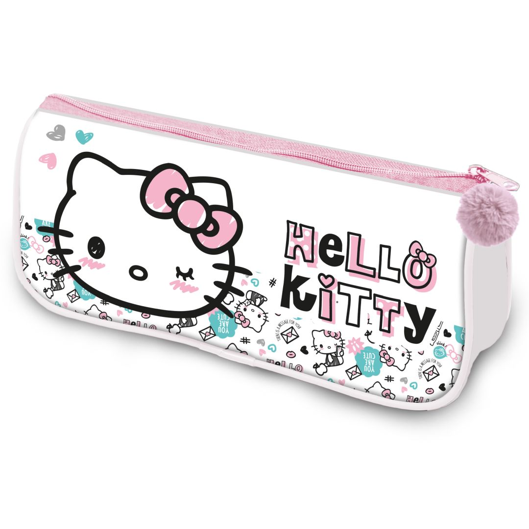 Białe etui na przybory z grafiką Hello Kitty i różowym zamkiem.