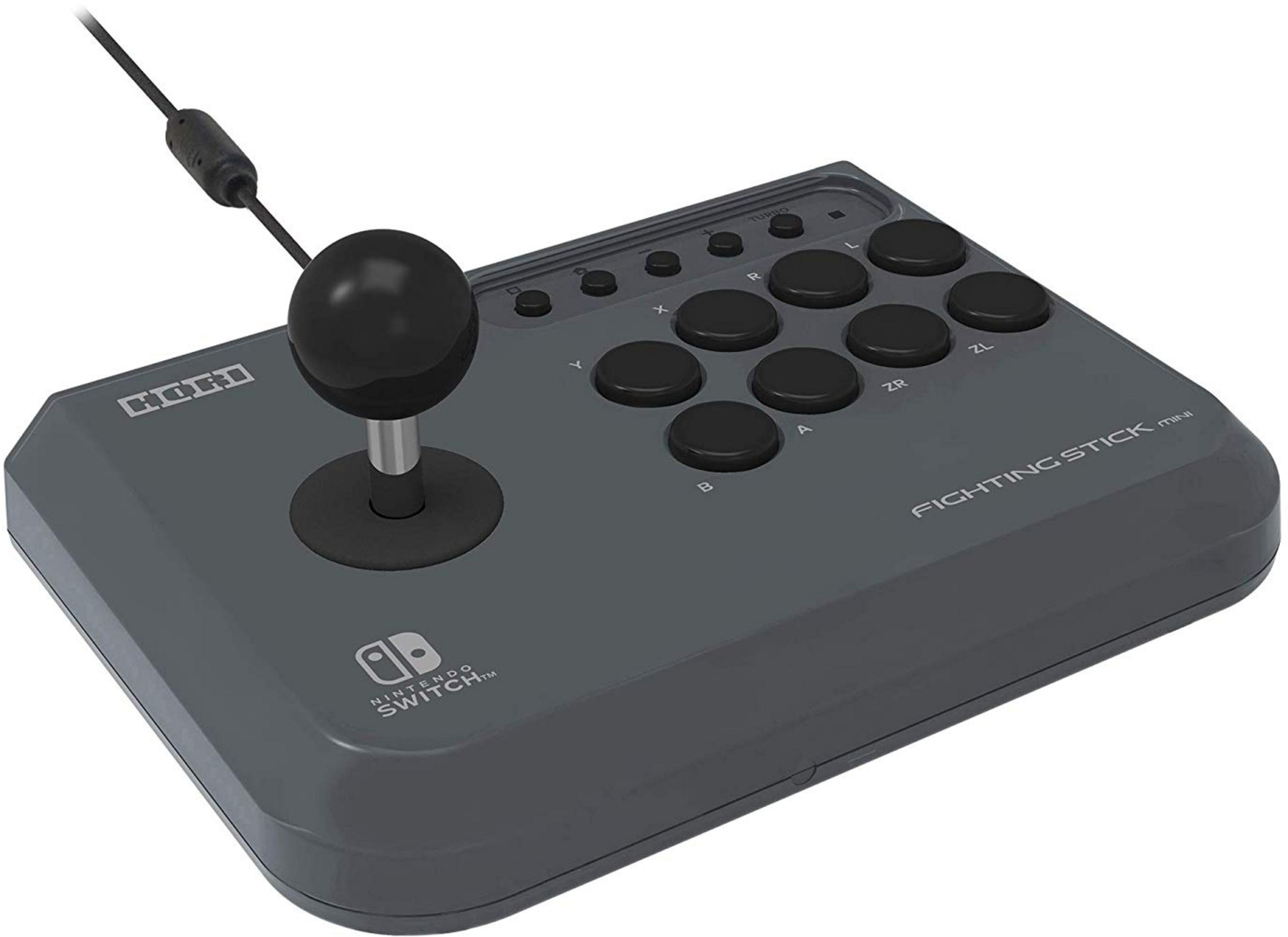 Szary kontroler arcade Nintendo Switch z czarnymi przyciskami i joystickiem.