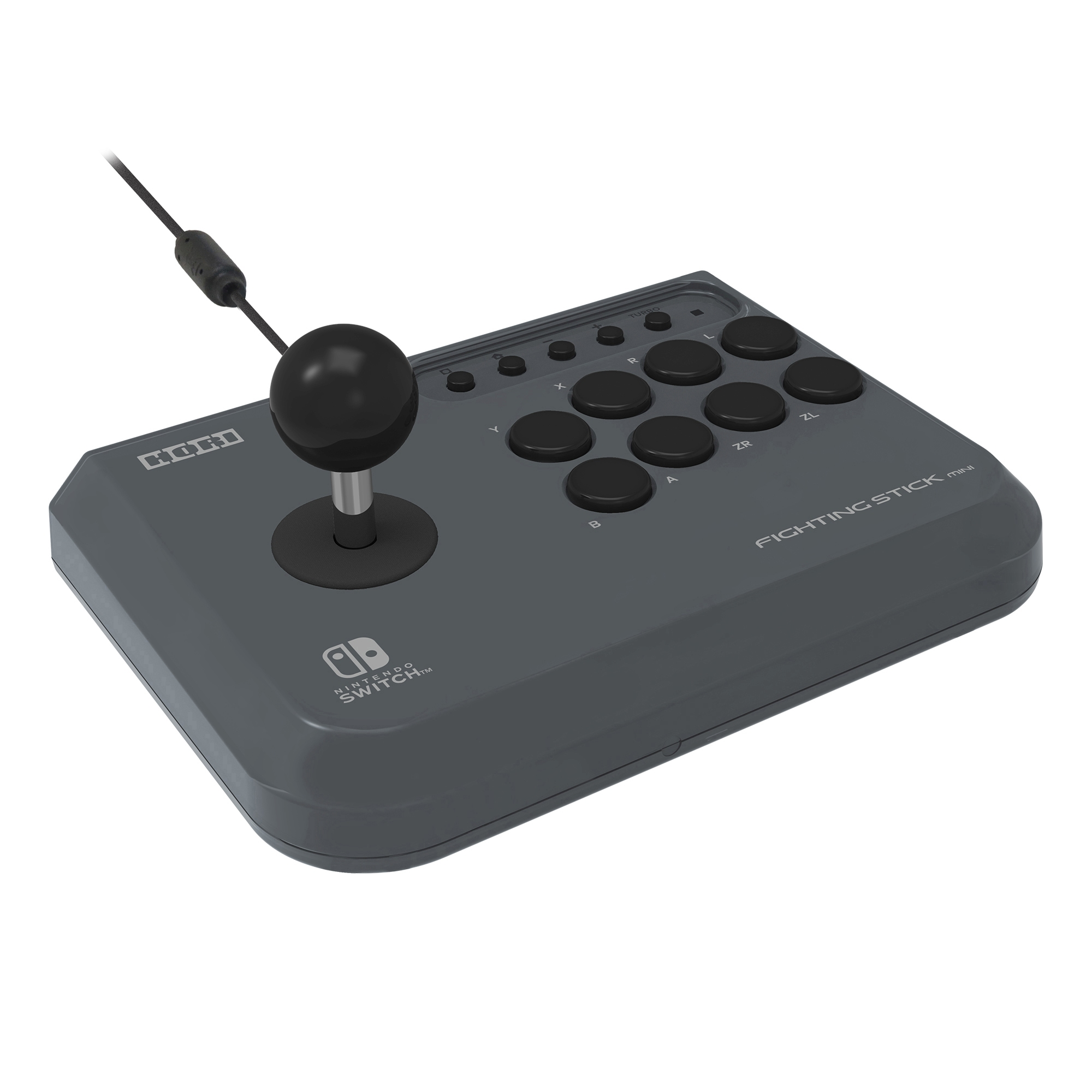 Szary Nintendo Switch Fighting Stick Mini z joystickiem i przyciskami.