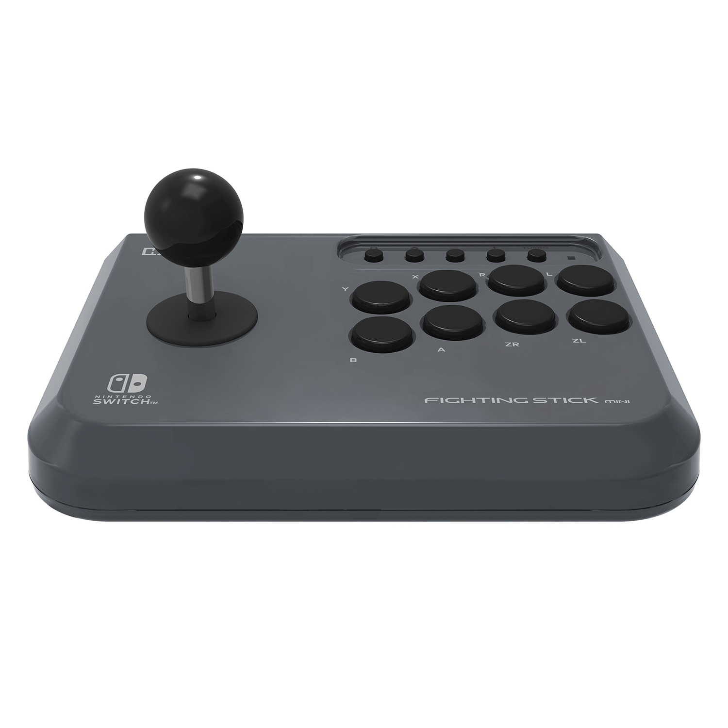 Szary kontroler bojowy Nintendo Switch Mini z czarnym joystickiem i przyciskami.
