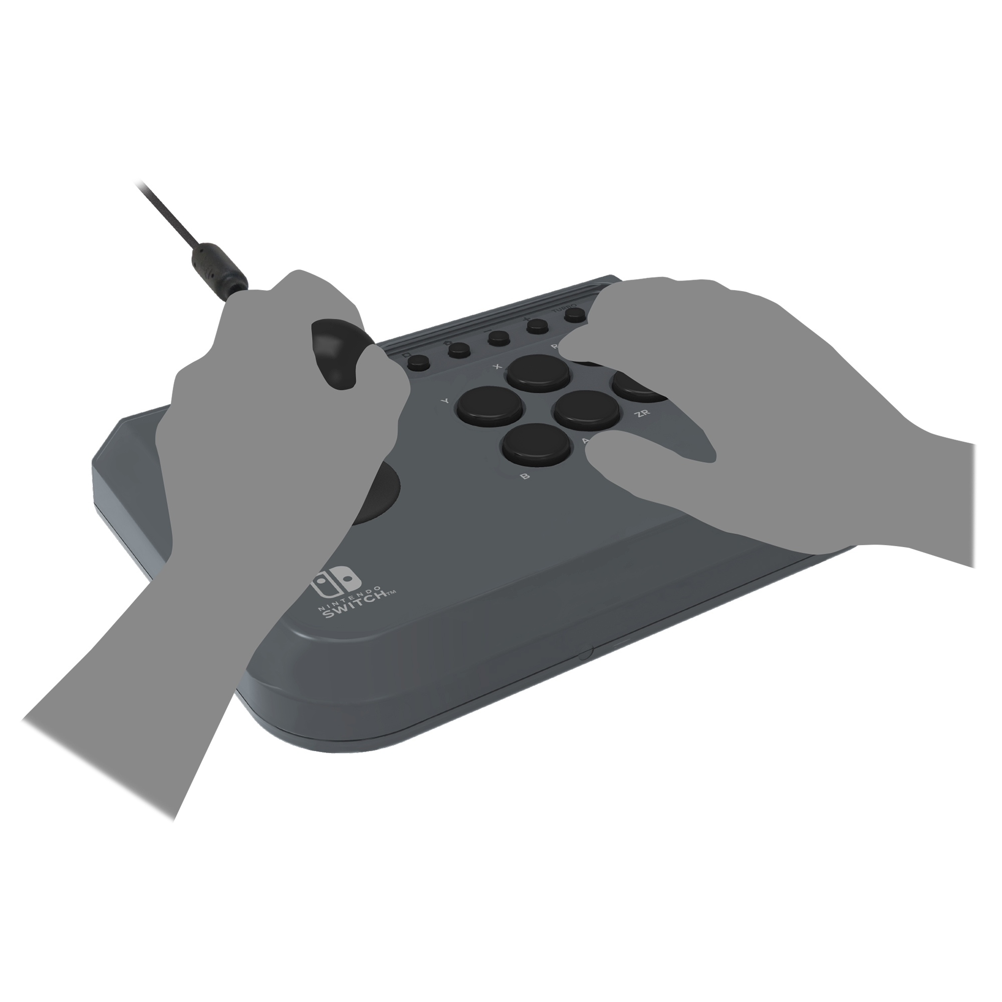 Dłonie trzymają ciemnoszarą konsolę Nintendo Switch do gier walki z joystickiem i przyciskami.