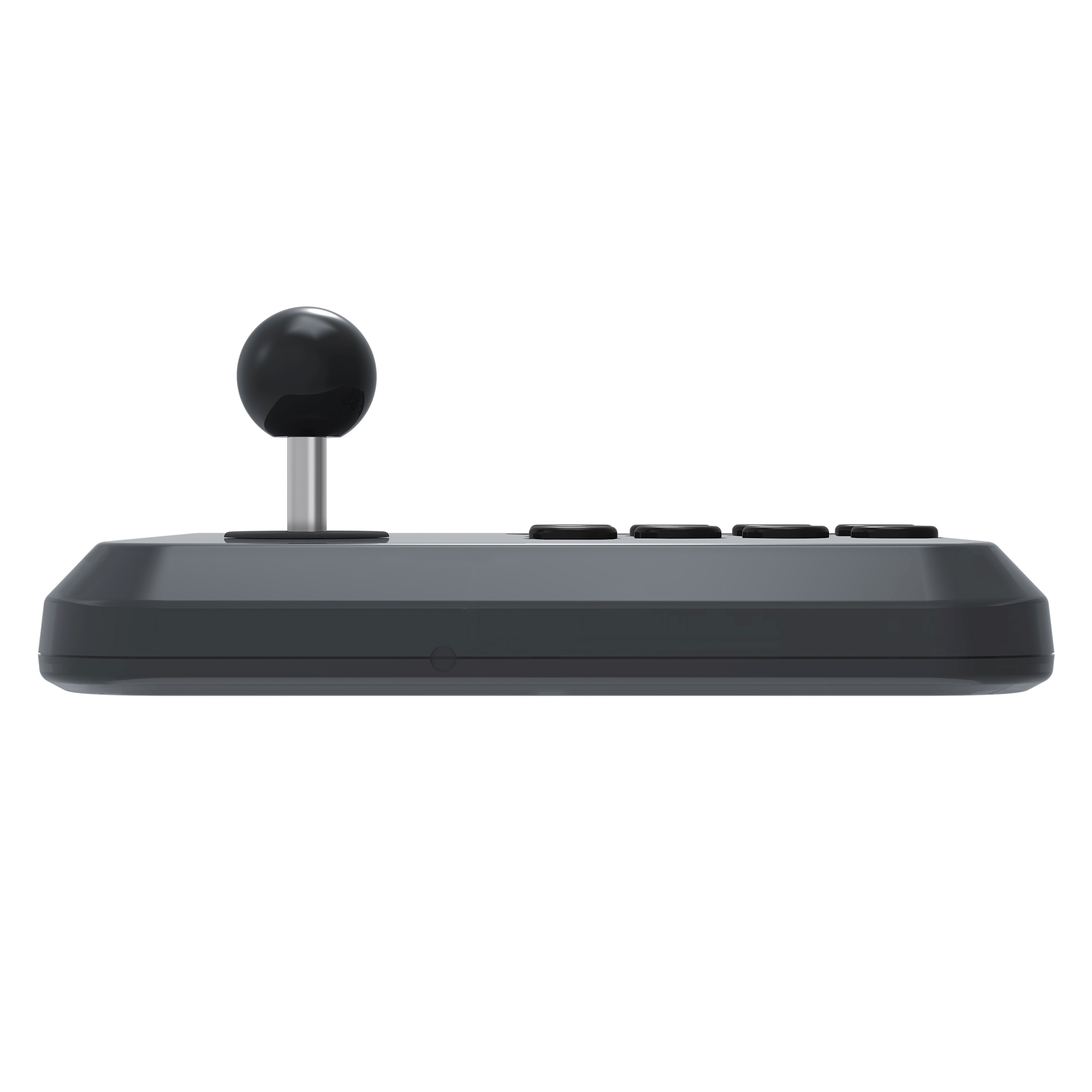 Czarny joystick z metalowym drążkiem i czterema przyciskami na szarej podstawie.