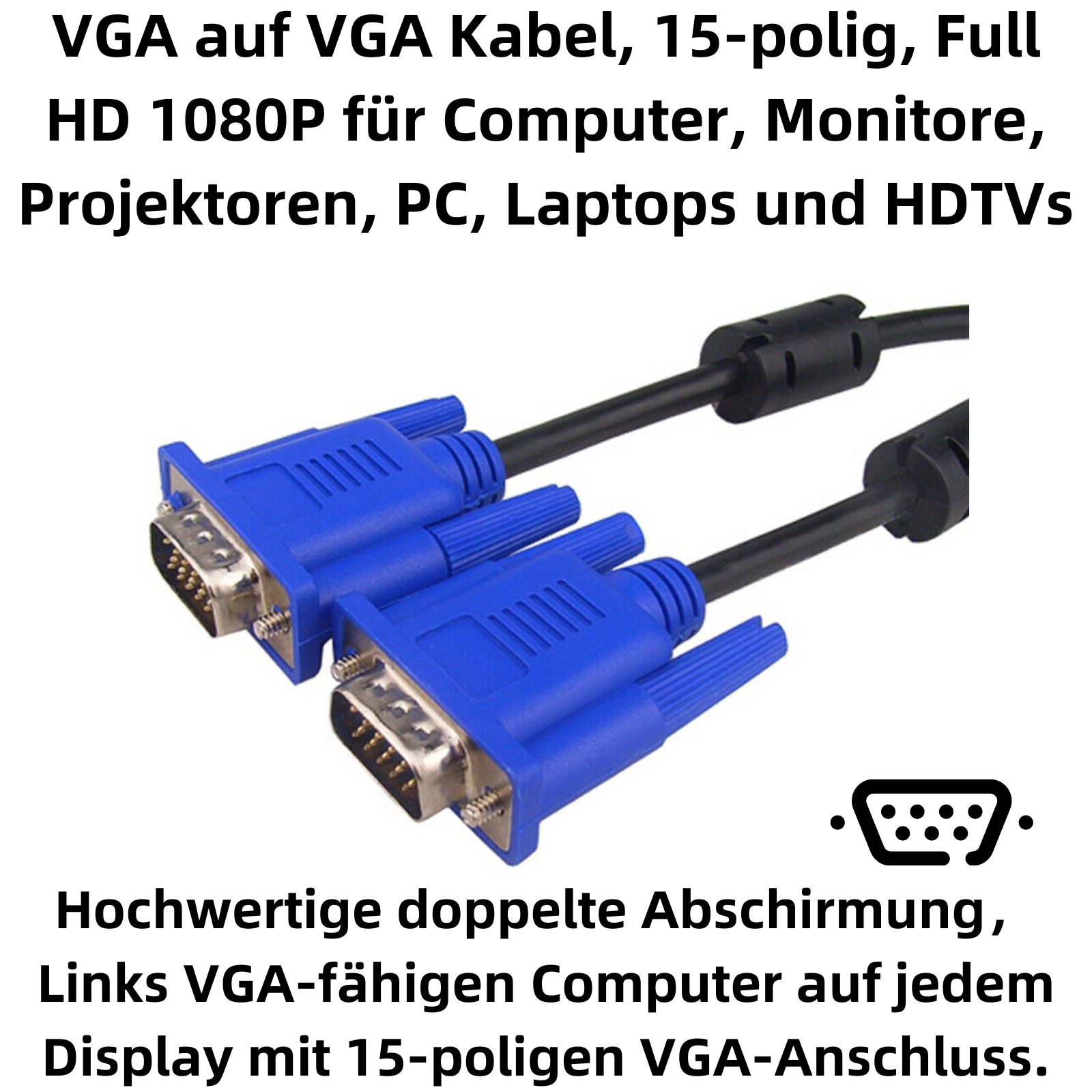 Zwei blaue 15-polige VGA-Kabel mit schwarzen Steckern und Ferritkernen.