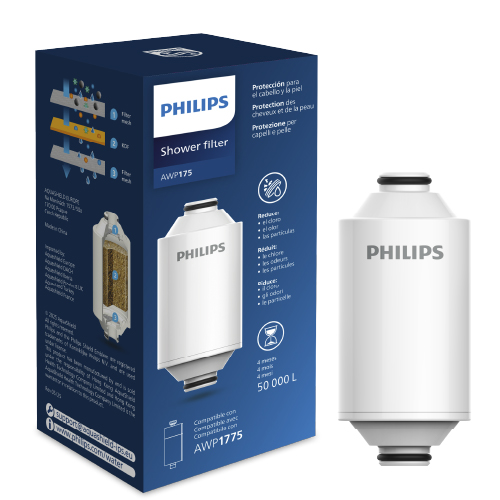 Philips Duschfilter AWP175: Verpackung und Filter im Detail. Weißer Filter neben blauer Box.