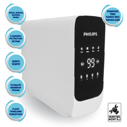 Dijital ekranlı ve mavi bilgi daireli beyaz Philips su filtresi.
