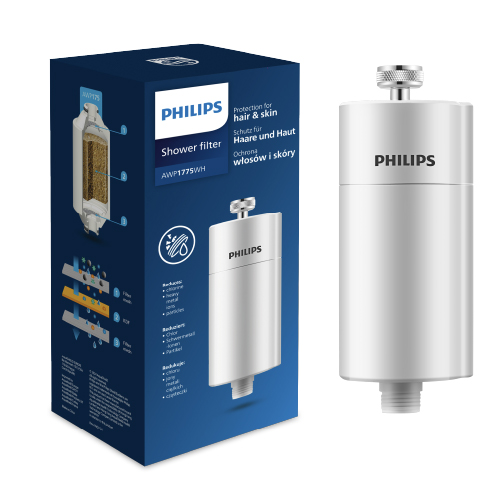 Bir Philips duş filtresi kutusu ve beyaz bir Philips duş filtresi.