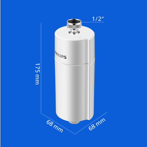 Beyaz Philips filtre kartuşu boyutları: 175 mm yükseklik, 68 mm genişlik, 68 mm derinlik.