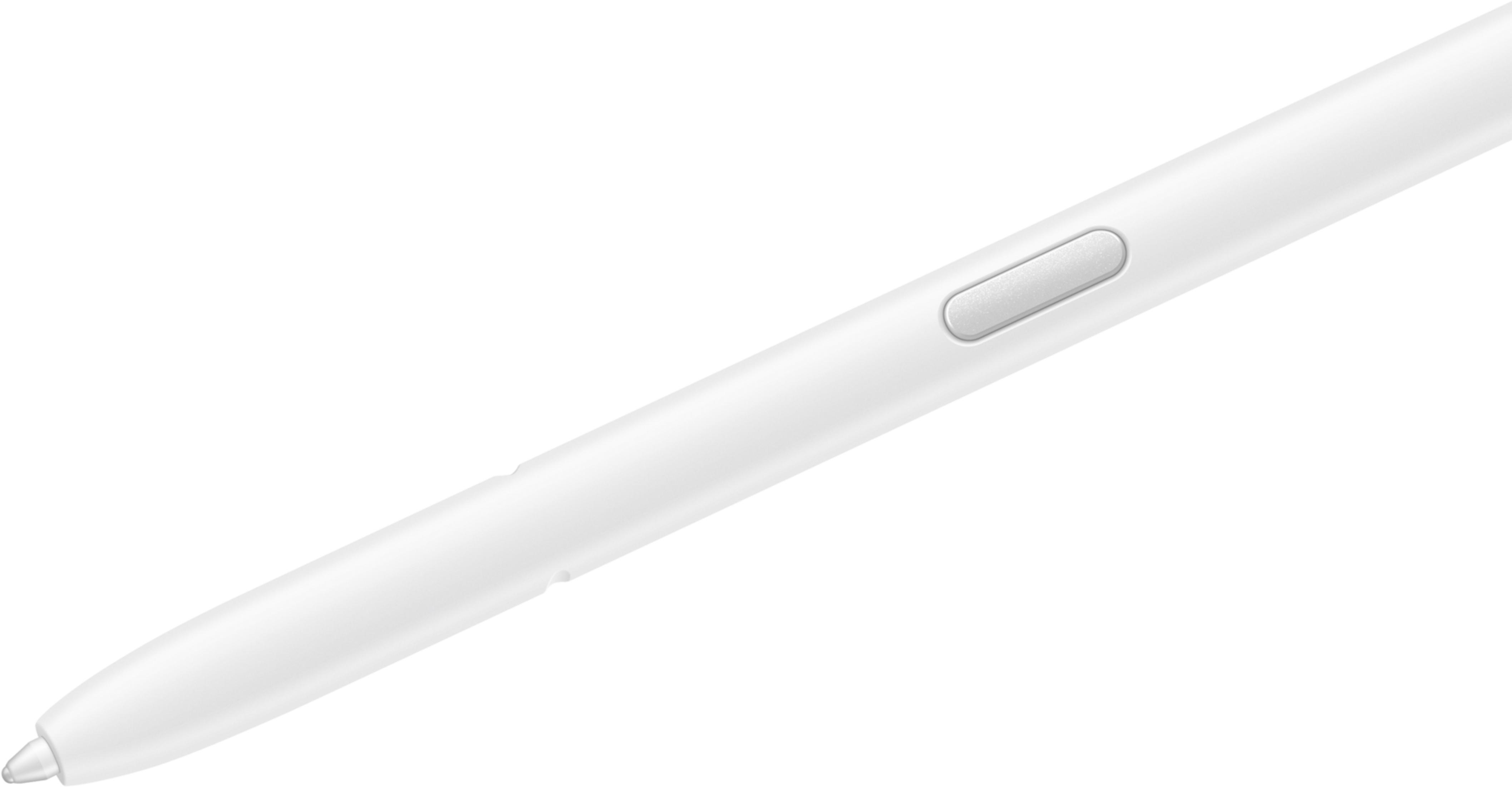 Ein weißer Stift mit einem silbernen Knopf liegt auf weißem Hintergrund.
