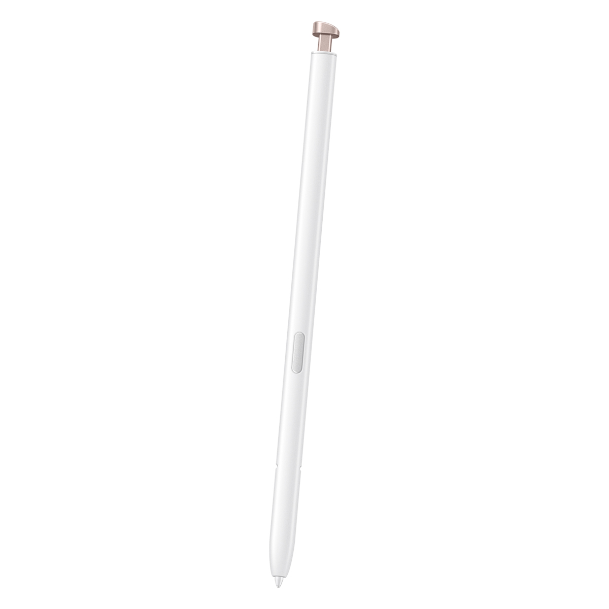 Ein weißer Eingabestift mit einem schmalen, roségoldenen Ende und einem grauen Knopf.