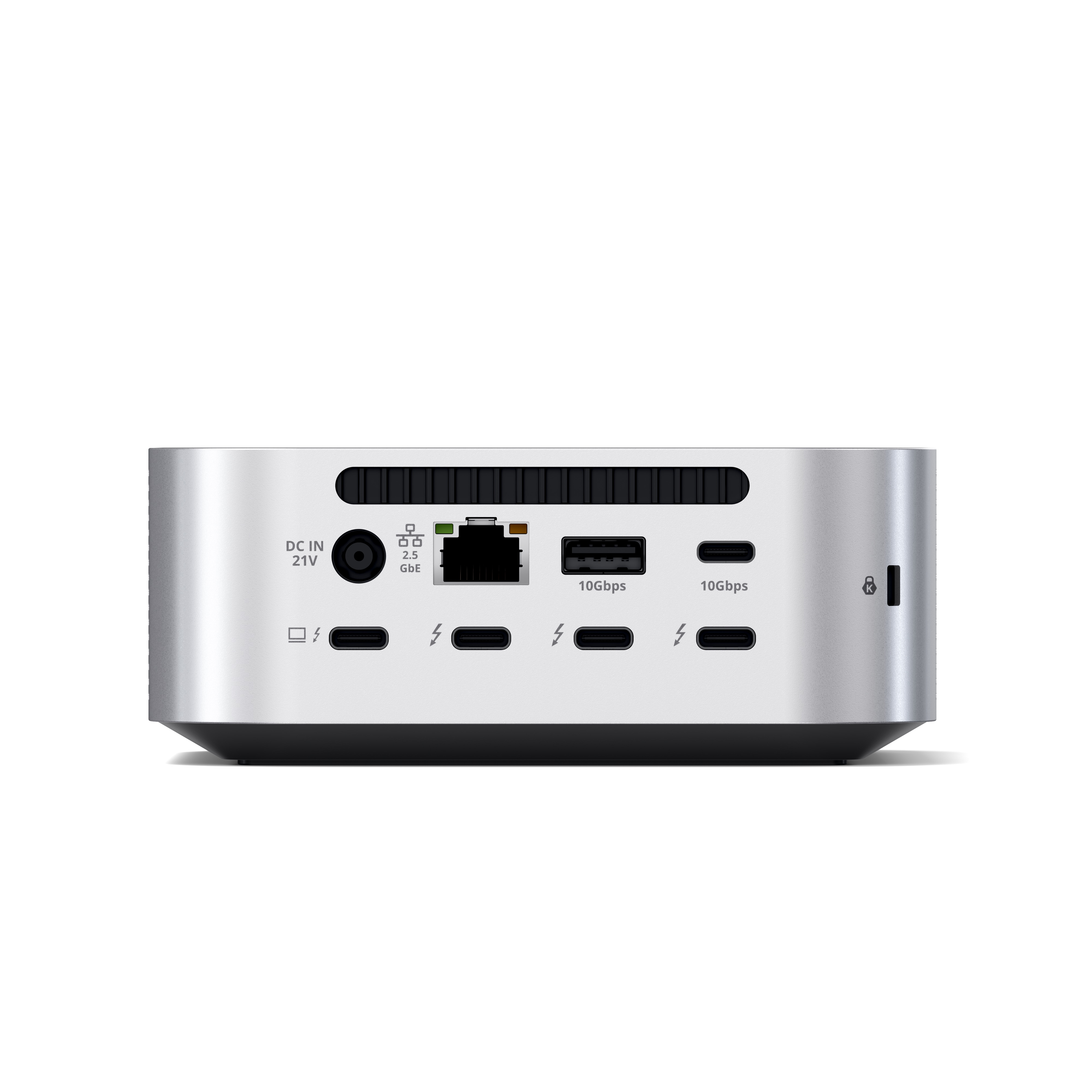 Srebrne mini urządzenie z portami: wejście DC, 2,5GbE, 2x USB-A, 2x Thunderbolt, blokada Kensington.