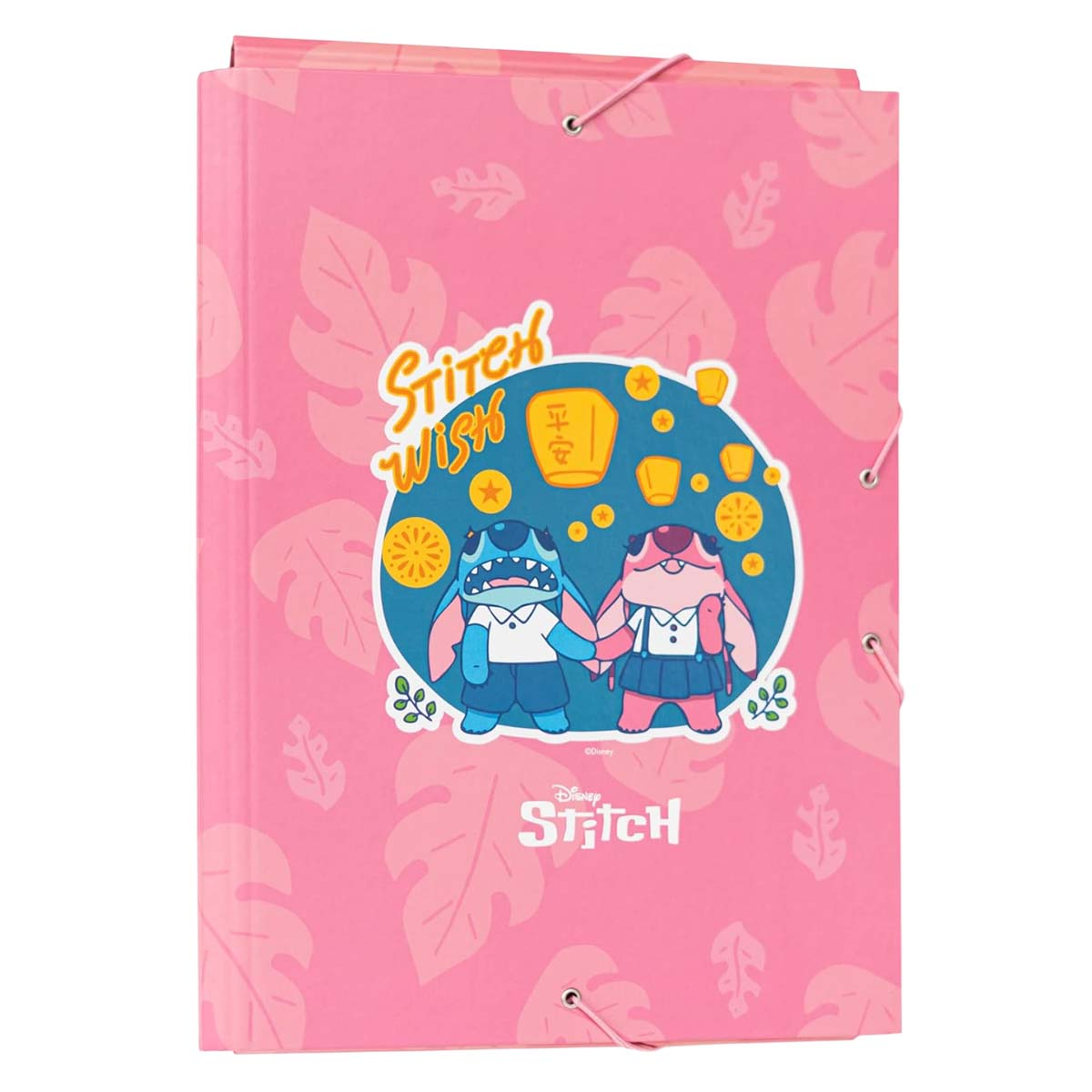 Ein pinker Ordner mit Stitch und Angel, die Händchen halten, vor einem blauen Kreis mit Laternen.