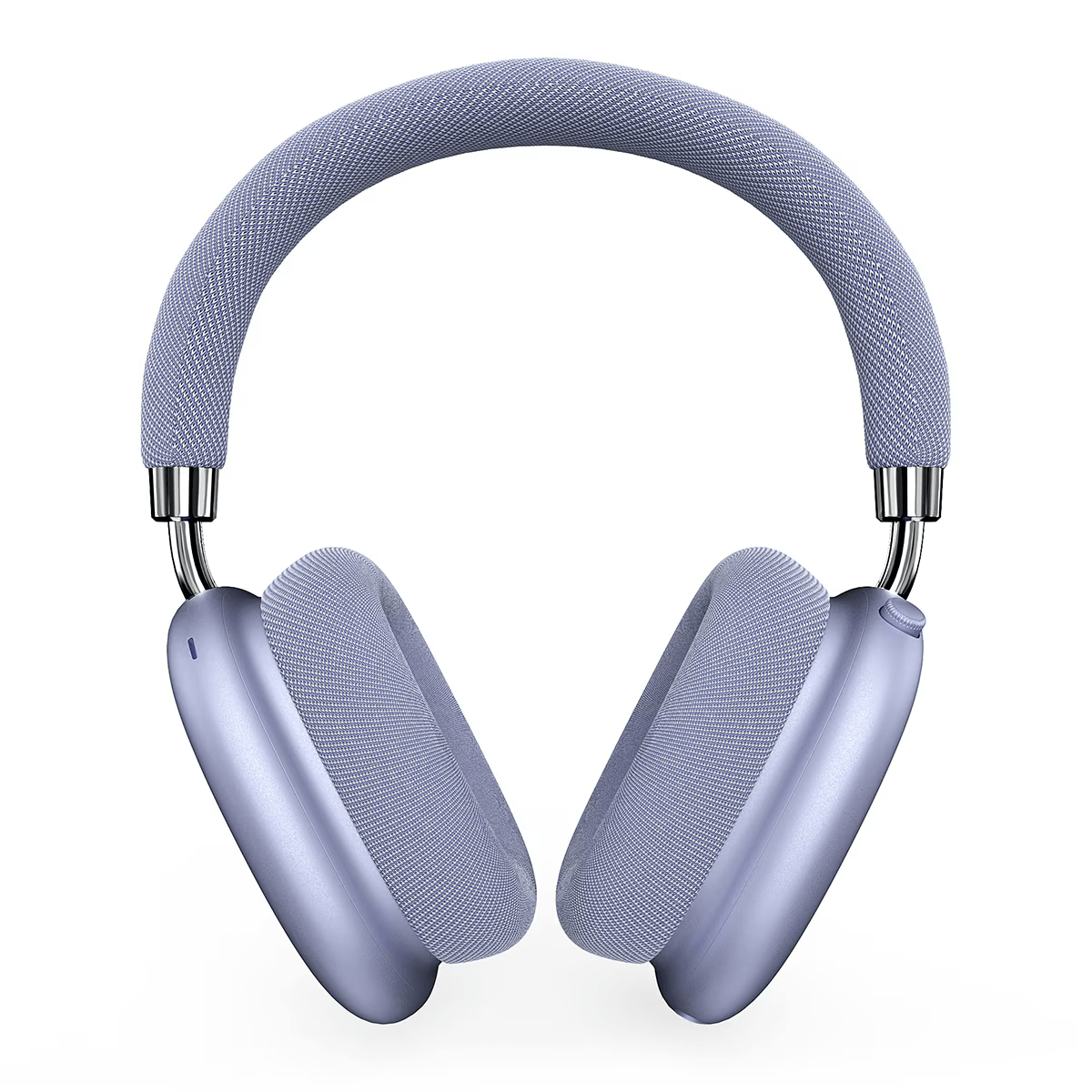 Auriculares morados con diadema y almohadillas de tela, sobre fondo blanco.